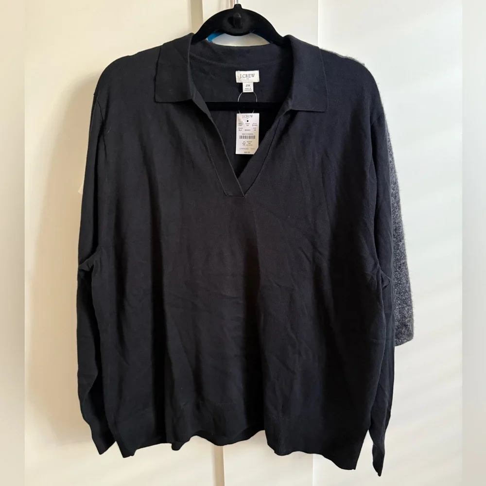 J. Crew Factory Black Popover Soft Polo Knit Spread Collar Preppy Long Slv NWT - Picture 2 of 6